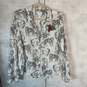 Tynthia Rowley women’s top linen animal print black & white embroidered